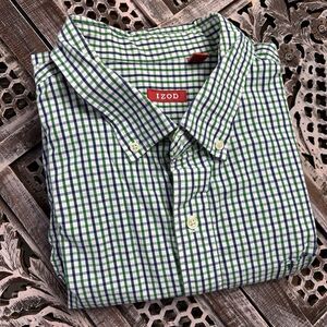 Izod Shirt Mens 2XL Green and Blue Plaid Long Sleeve Button Down Business Casual